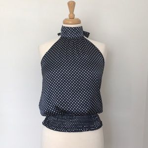 Navy blue & white polka dot high-neck blouse